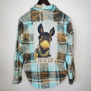 Angry Minnow Howdy Donkey Bleach Dye Flannel Shirt Womens Small Western Cowgirl